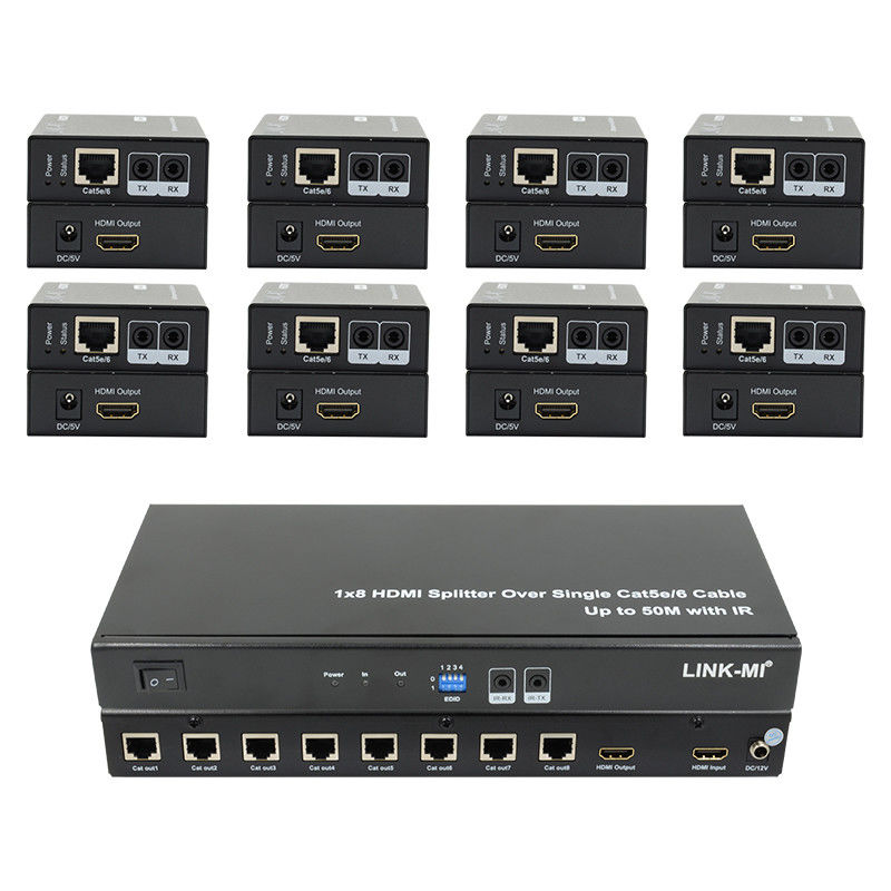 HDMI 50M 1X8 Splitter Over Cat5e 6 دعم الكابلات 3D IR 1080P 8 منفذ HDMI Splitter