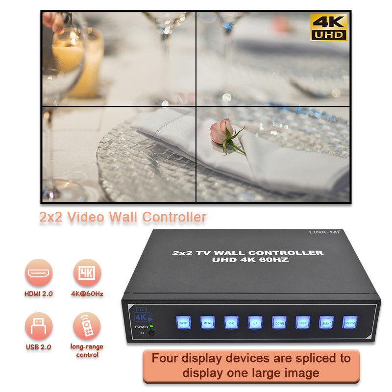 معالج حائط فيديو 4K HDMI 2X2 يدعم شاشة USB التلقائية لـ 4 تلفزيونات UHD 4K 60Hz LED حائط فيديو